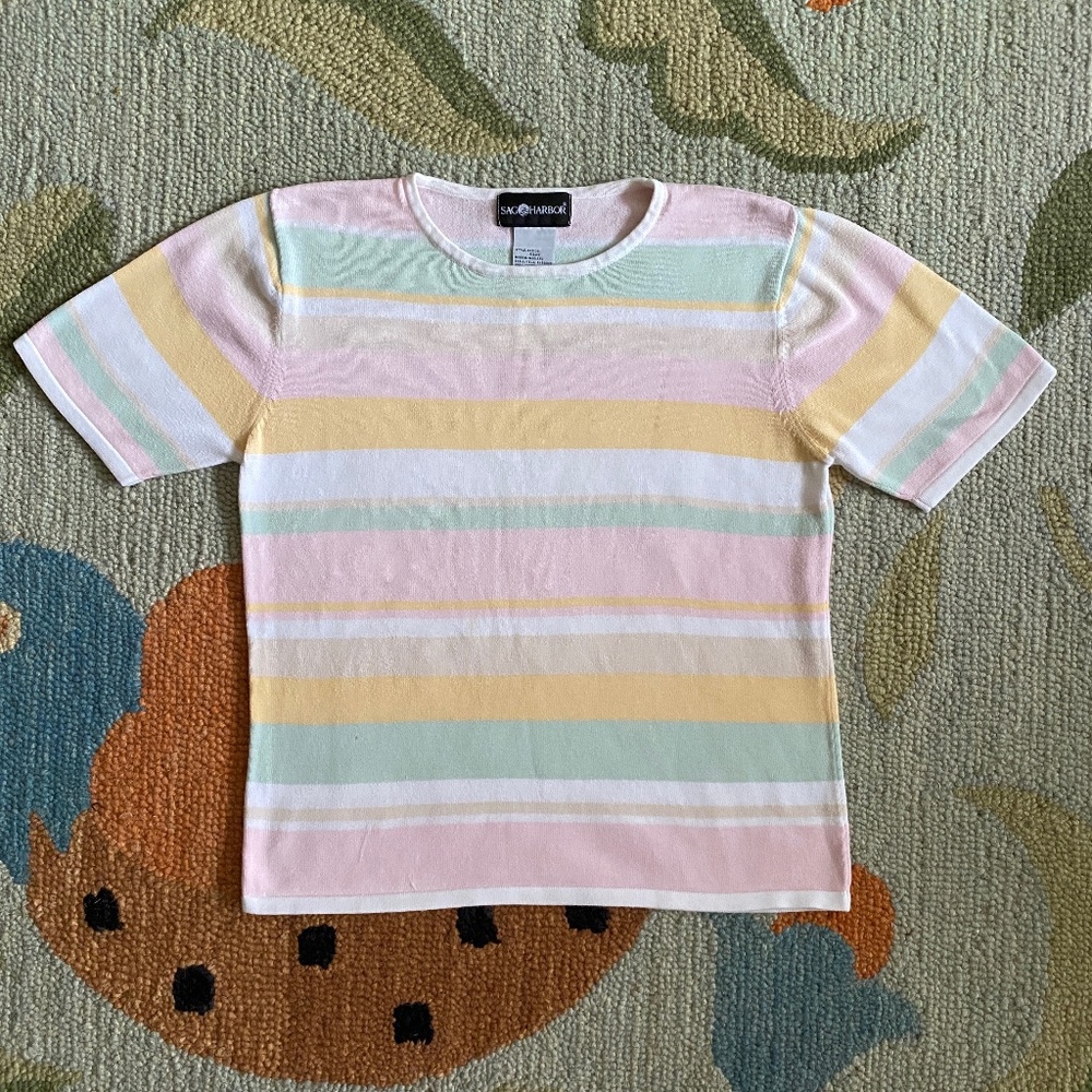 Sag Harbor I Pastel Horizontal Stripe Short Sleeve Cotton Crewneck Top